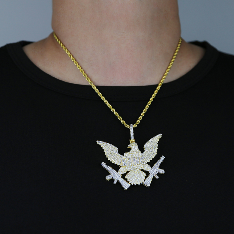 Hip Hop Gold Color Plated Pendant Design Iced Out Micro Paved CZ Bling King Eagle Pendant Necklace for Men Charm Jewelry