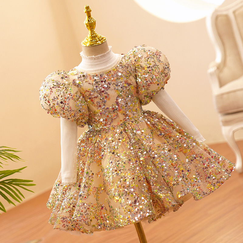 Elegant Gold Princess Sequined Blingbling Floor Length Ball Gown Pageant Dresses For Teens Toddler Girls Flower Dress 403