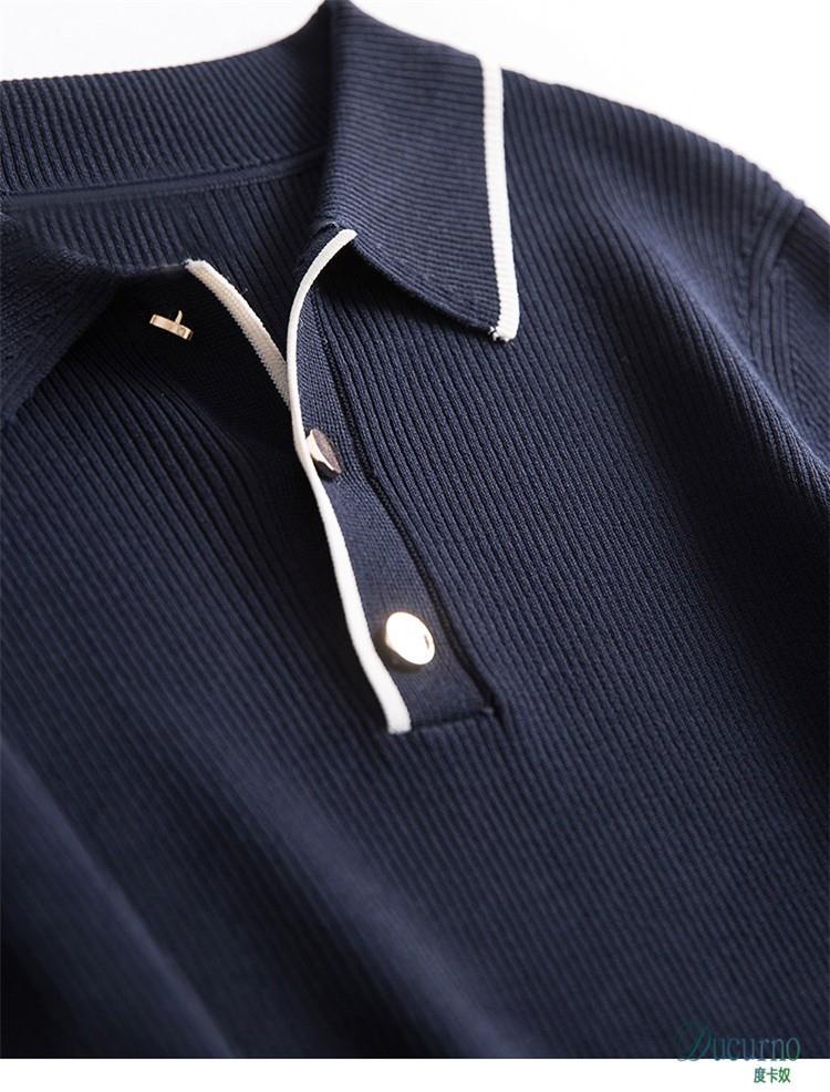 New Womens color block turn down collar short sleeve knitted a-line casual summer dress SMLXLXXL