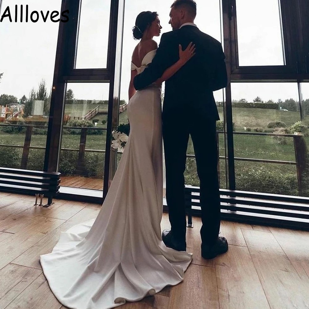 White Satin Shoulder Off Wedding Dress with Sweep Train Simple Arabic Aso Ebi Mermaid Bridal Gowns Boho Garden Country Elegant Robes De Mariee Abitida