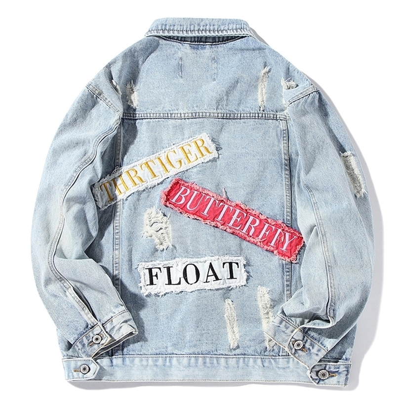 Letter Embroidery Patch Mens Denim Jacket Blue Washed Ripped Streetwear Jeans Jacket Autumn New Cotton Outwear Men R2354 T200502