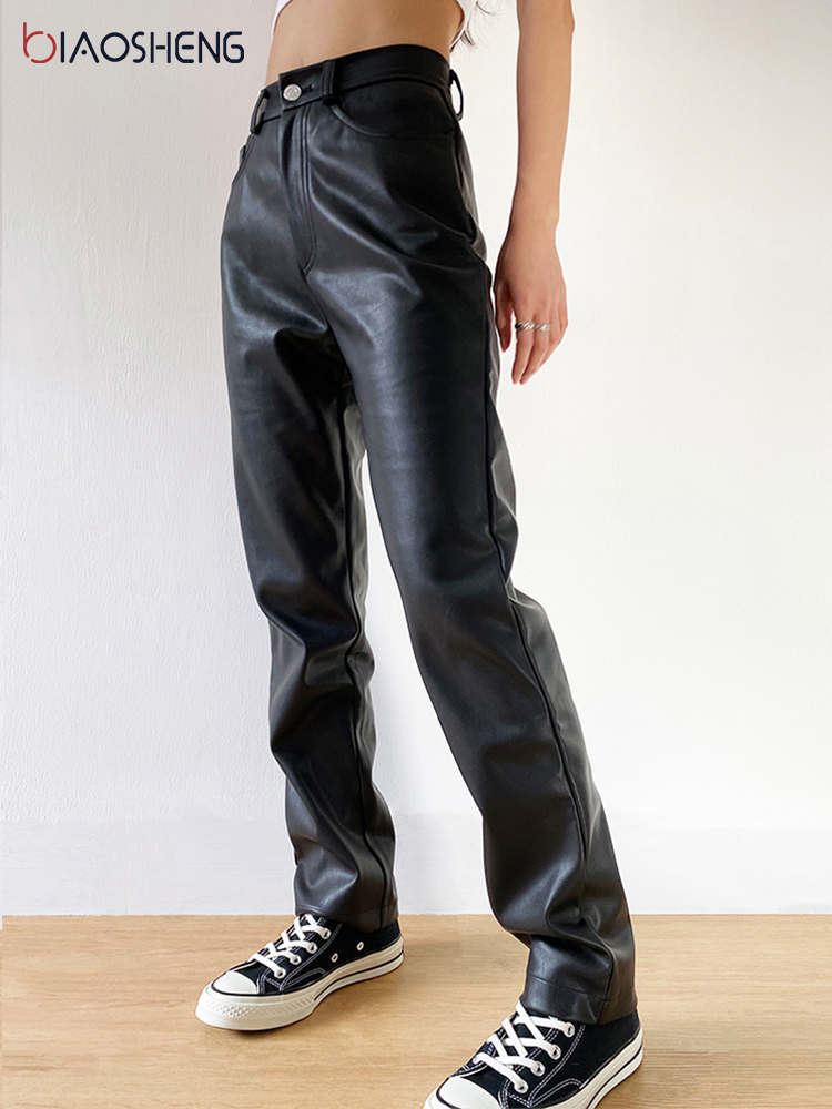 Cargo Pant Black Faux Leather High Waist Pockets Fashion Sexy Straight Trousers Streetwear 220325