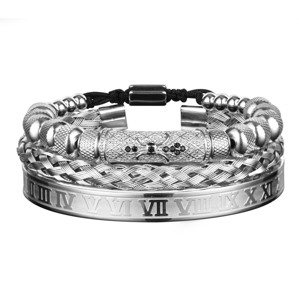 Luxury 3pcs/Set Flower Charm Gold Bangles Stainless Steel Bracelet Men Roman Number Europe Fashion Jewelry Gift For Male Female