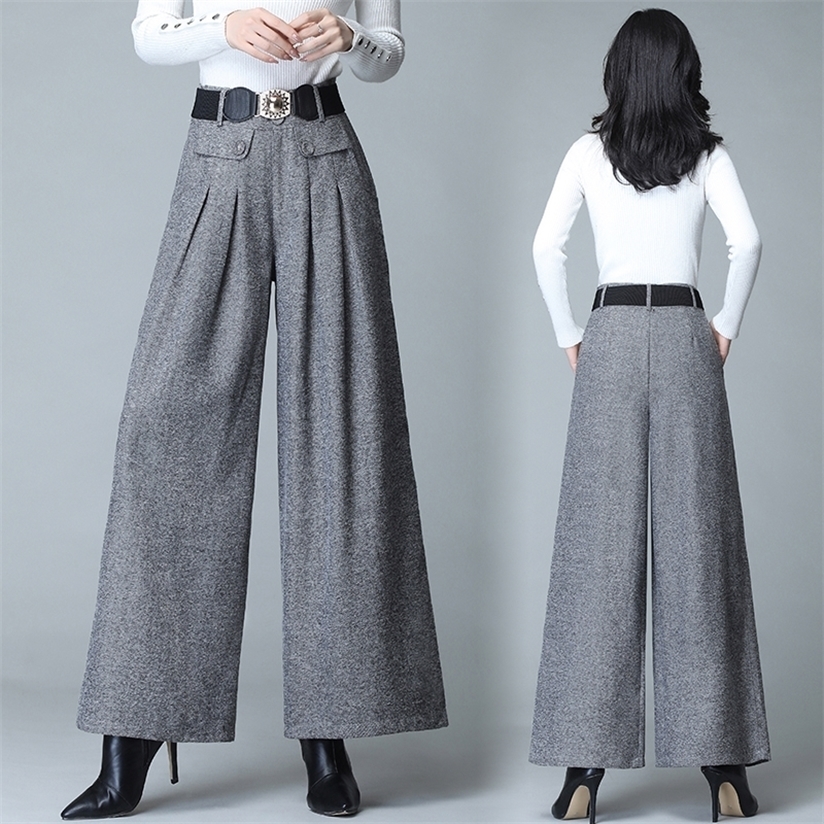 Autumn Winter Solid Color Woolen Pant Pleated Casual Skirt High Waist Loose Wool Wide Leg 660C 220325