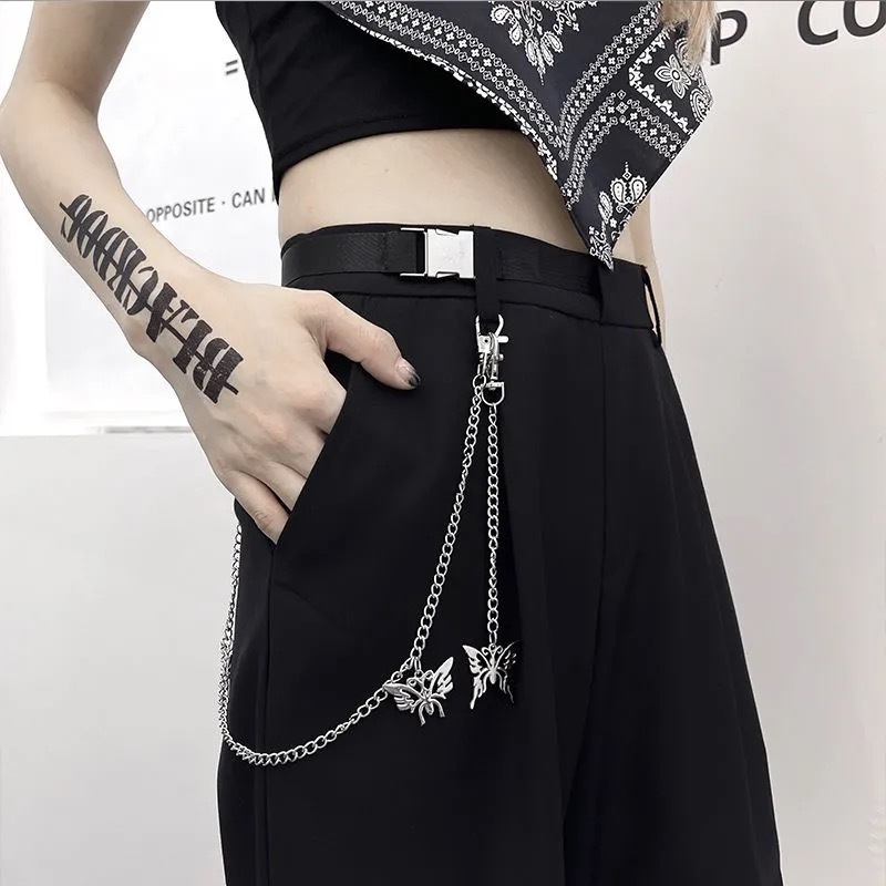Fashion High Waist Wide Leg Pants Street Harajuku Black Trouser Plus Size Casual Loose Pant (with Belt and Chain) 220325