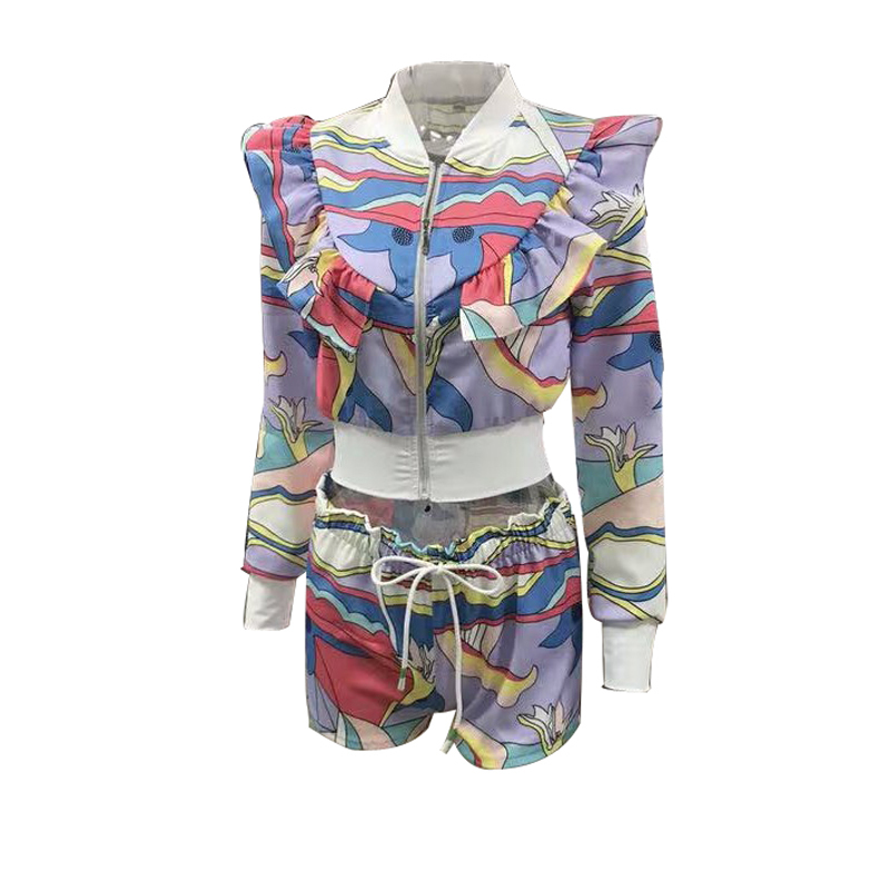 Beachapche Women Set Long Sleeve Single Jacket And Short Elegant Print Two-piece 220509