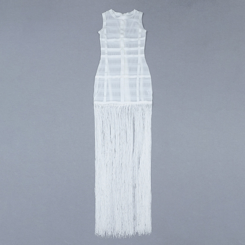 High Quality White Sleeveless Tassel Hollow Out Bodycon Rayon Bandage Dress Evening Party Sexy Dress 220507