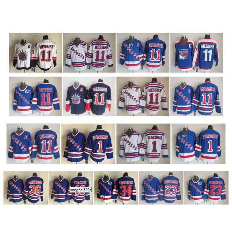 

95 Vintage New York Rangers Jersey 11 Mark Messier 1 Eddie Giacomin 18 Walt Tkaczuk 23 Jeff Beukeboom 34 John Vanbiesbrouck Retro Hockey, As pic