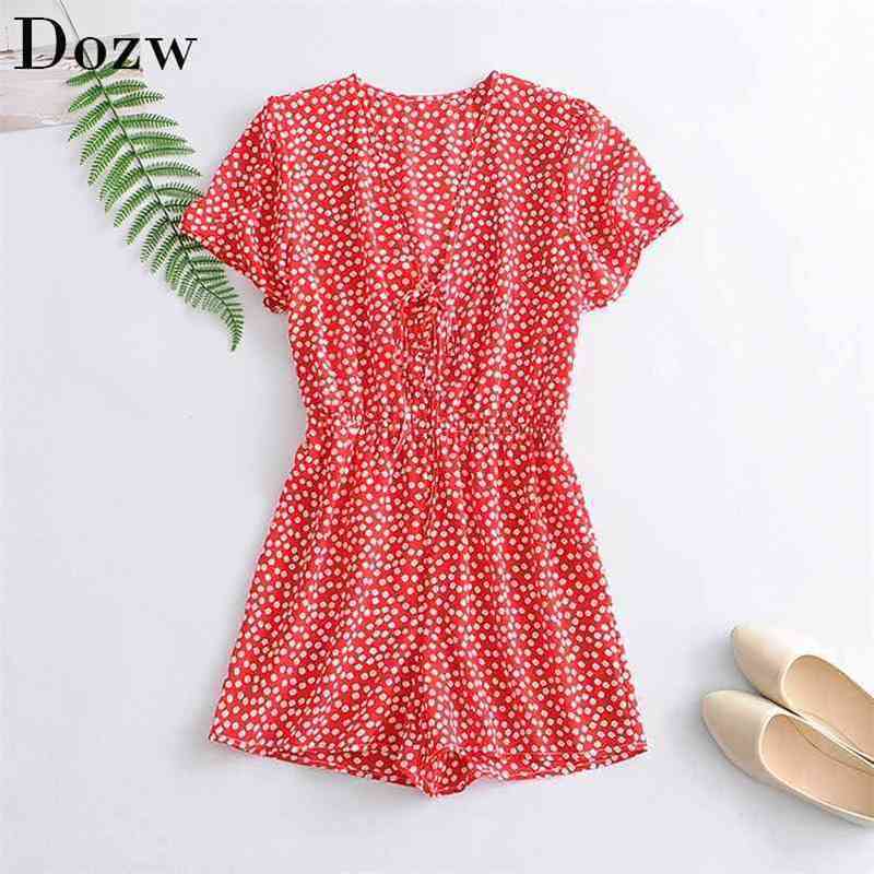 Summer Floral Print Playsuit Women Short Sleeve Casual Bodysuit Bow Tie Decorate Rompers Ladies Ropa De Mujer 210515