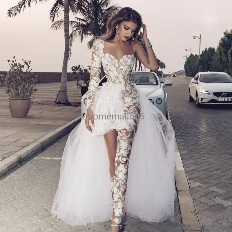 2022 Jumpsuits Wedding Dresses With Overskirt One Shoulder Long Sleeve Lace Ankle Length Beach Bridal Gowns robe de mariee, Same as image
2022 Jumpsuits Wedding Dresses With Overskirt One Shoulder Long Sleeve Lace Ankle Length Beach Bridal Gowns robe de mariee, Same as image