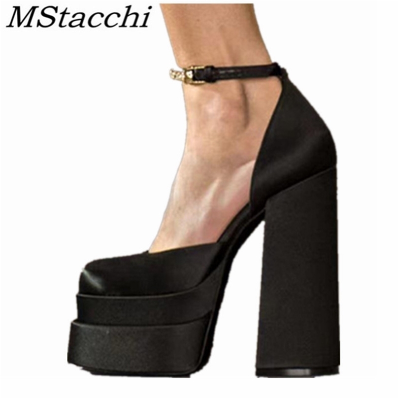 Platform Heels Shoes Square Toe Buckle Women's High Heel Wedding Party Pumps Luxury Brand 220328
