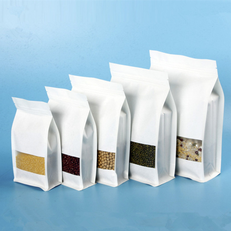100pcs 3D Thick Stand up White Paper Window Packaging Bag Resealable Ground Coffee Beans Seeds Snack Tea Cereals Wedding Party Gifts Heat Sealing Stor