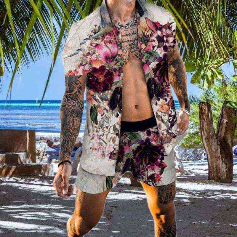 Shirt with Shorts Men Suit Summer Flower Shirt Shorts Loose Fashion Running Leisure Track Suit Casual Beach Two Pieces Set G220414
