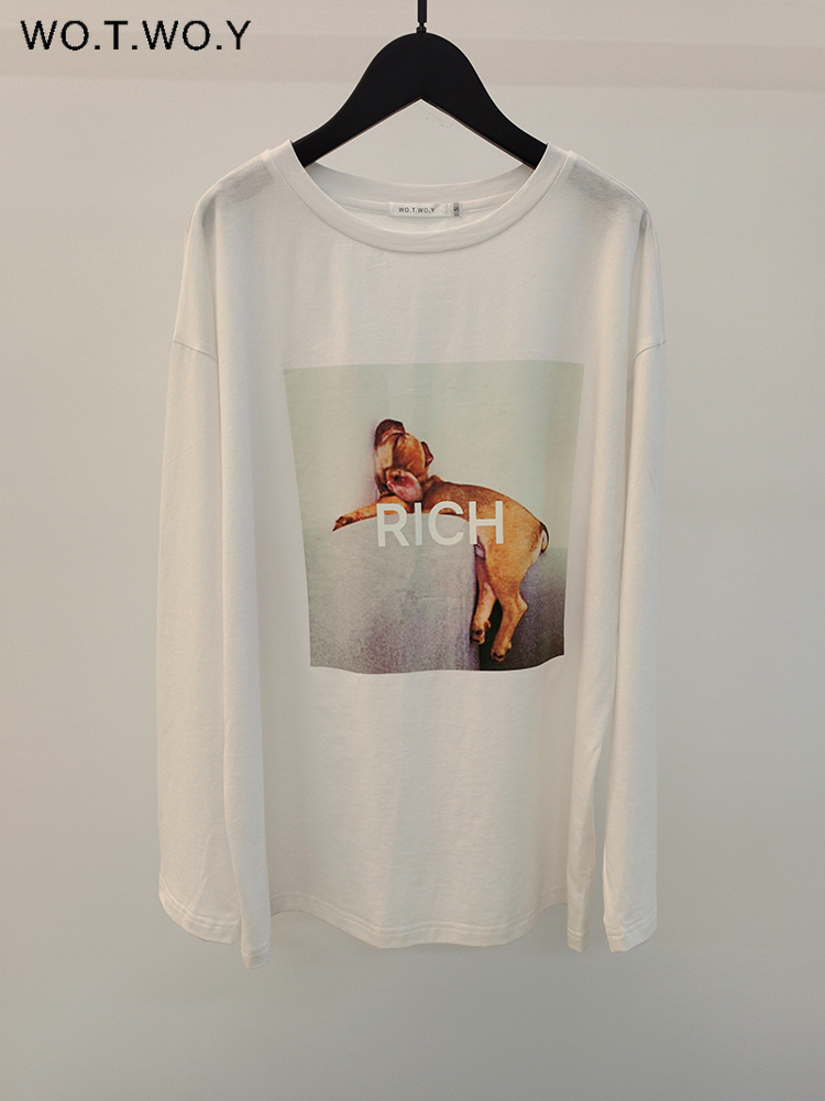WOTWOY Long Sleeve Funny Printed Graphic T shirt Cotton Casual Loose Basic Tops Female White Cute Tee Shirts Harajuku 220728