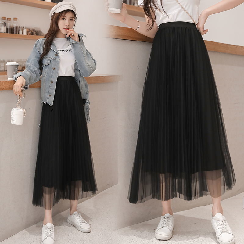 Tulle Skirts Summer Long Maxi Female Elastic High Waist Pleated Tutu Sun Black Gray Pink 220322