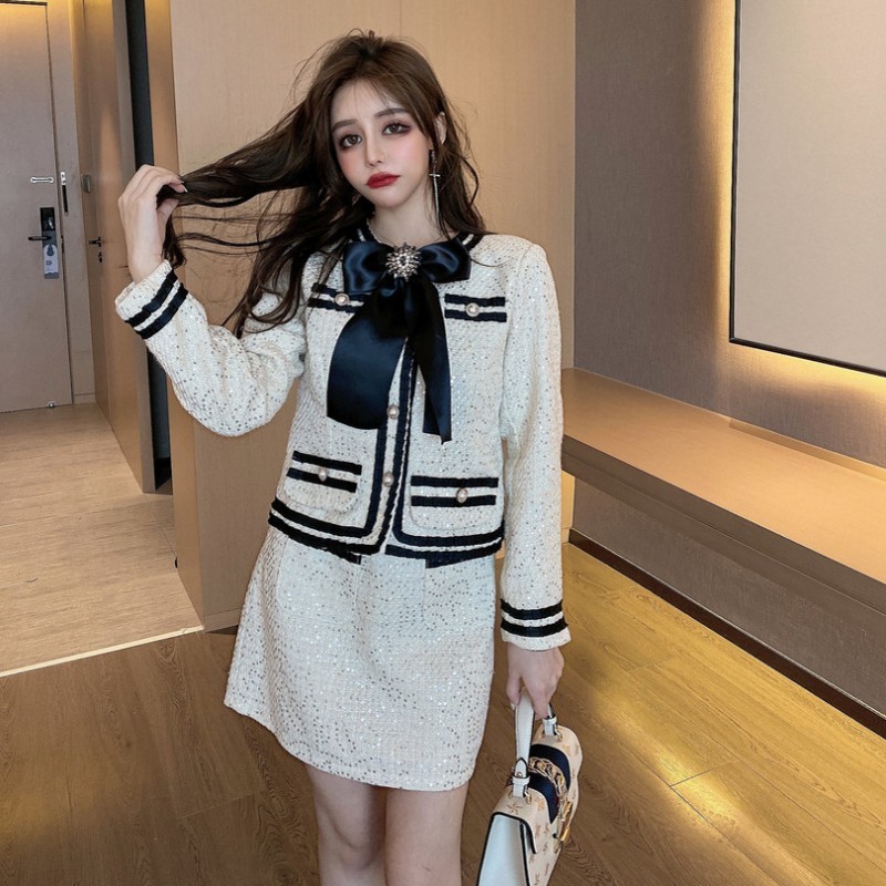 Arrival Runway Fall Winter Womens Sequins Pearl Buttons Bow Tie Tweed Jecket Top Coat High Waist Skirt 2 Piece Set Suit 220817