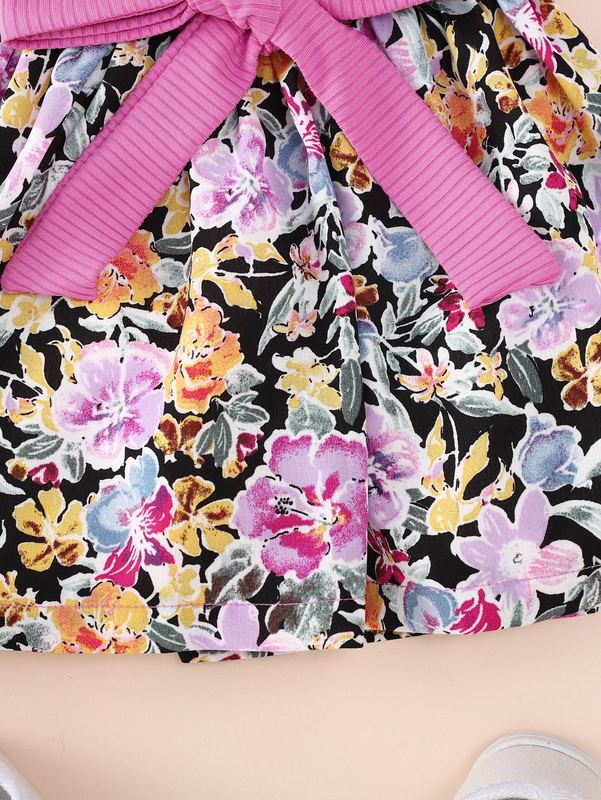 Toddler Girls Rib-knit One Shoulder Top & Floral Print Belted Skirt SHE05