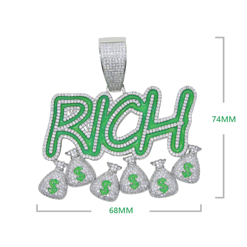 Iced out new style Letter Rich pendant paved full cubic zircon plated gold silver enamel green Glowing hip hop necklace for men boy us $ dollar shape 