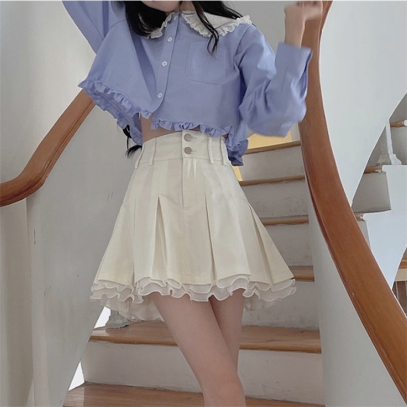 HOUZHOU Kawaii Pleated Skirt Women Sweet Patchwork Preppy Style Mini Shirts White Ruffls Fairycore Fashion Streetwear 220317