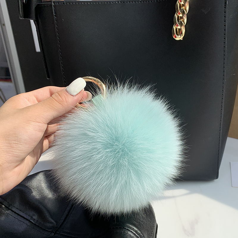13CM Real Fur Keychain Natural Pompom Ball Women Bag ornaments Pendant Luxury Car Key Ring Leather Strap Metal Gift 220411