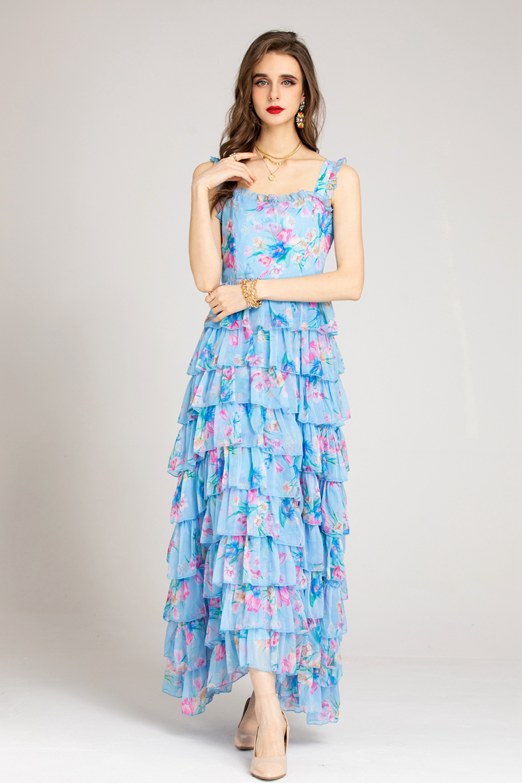 Women's Runway Dresses Spaghetti Straps Printed Tiered Ruffles Fashion Maxi Casual Party Prom Gown