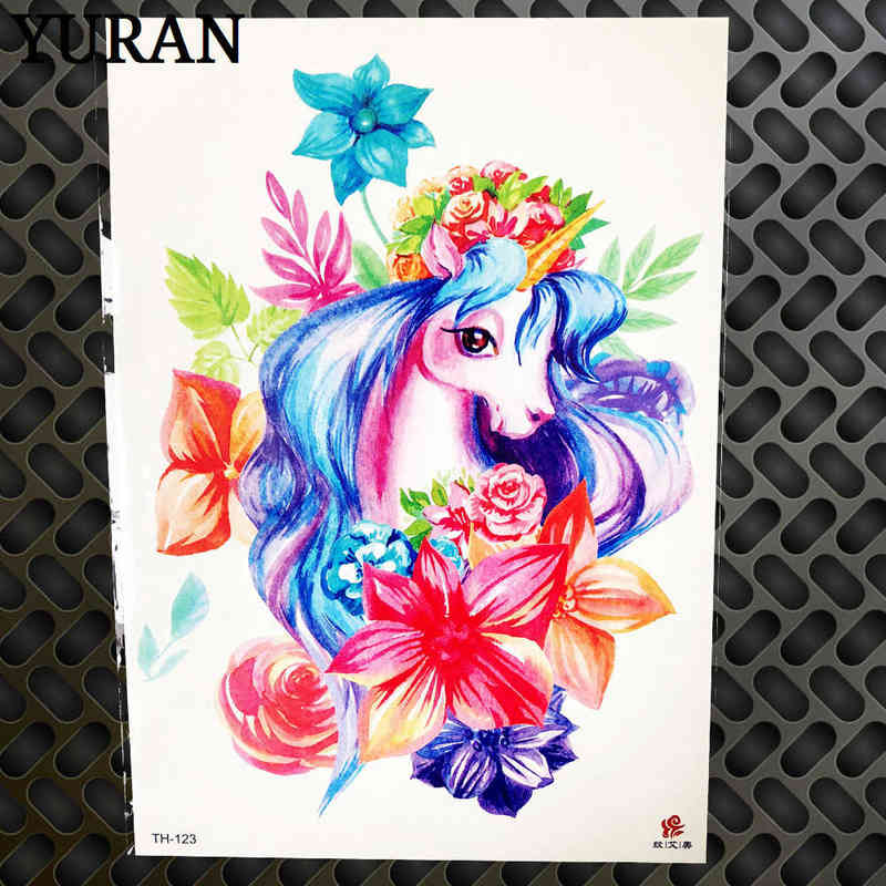 NXY Temporary Tattoo Cartoon Blue Unicorn Fairy Tales for Children Kids Waterproof Flash Sticker Girl Baby Body Art Horse 0330