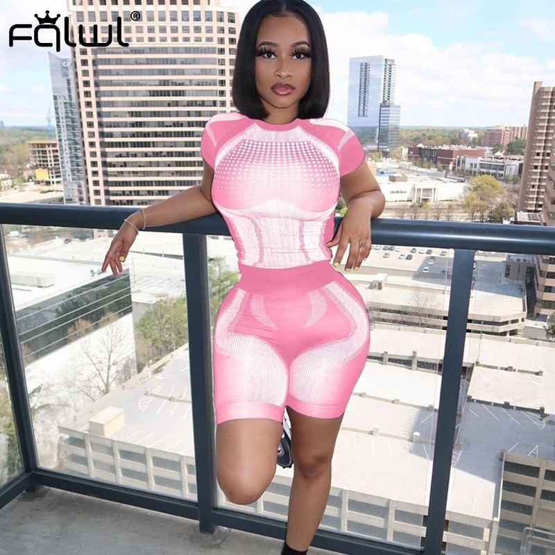 FQLWL Summer Outfits Fitness 2 Two Piece Set Women Crop Top Biker Shorts Set Female Elastic Ladies Tracksuit Women Matching Sets 220524