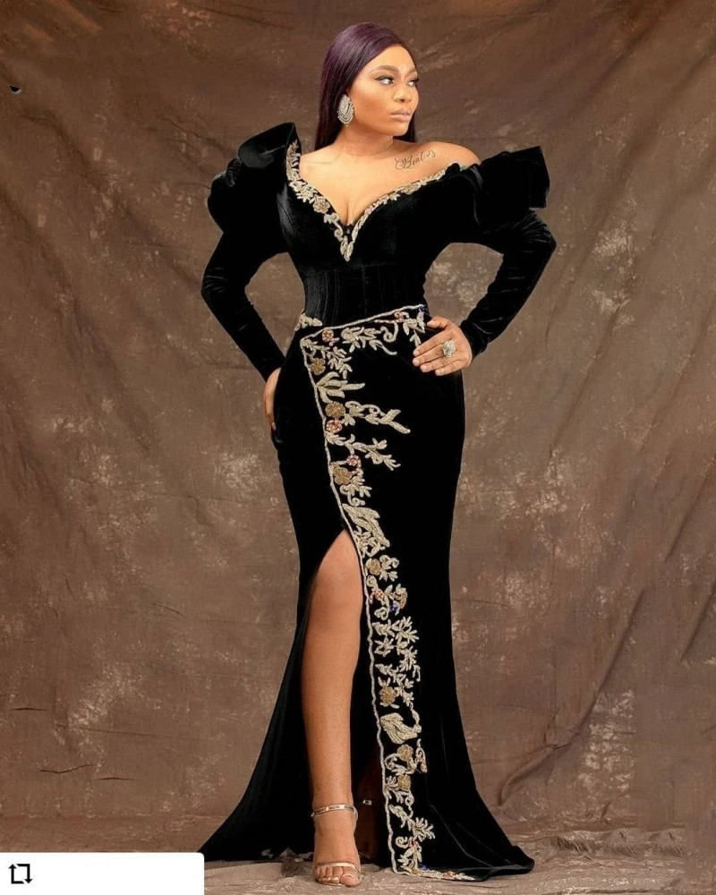 Robe De Soiree Femme Formal Aso Ebi Black Evening Dresses Long Sleeves Veet Applique Beads Mermaid Prom Gowns Women Party Wear