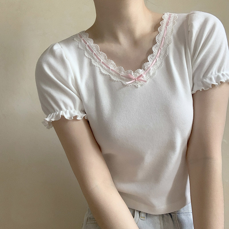 White T-Shirt for Sweet Girl Ribbon Lace Trim V-Neck Bowknot Puff Sleeve Slim Cotton TShirt Kawaii Clothes Summer Tops 220328