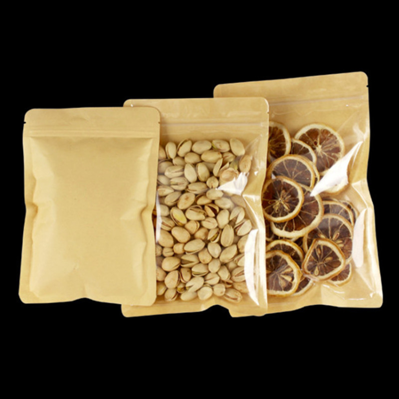 100pcs Clear Front Flat Bottom Kraft Paper Packaging Bags One Side Clear Coffee Beans Dried Fruit Bakery Snack Candy Wedding X-mas Gifts Resealable Zi