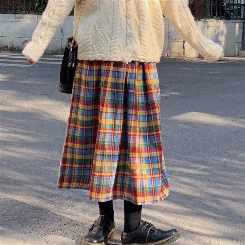 Japanese Rainbow High Waist A-Line Wool Plaid Skirt Female Students Preppy Style Wild Midi Women Autumn Long 220322