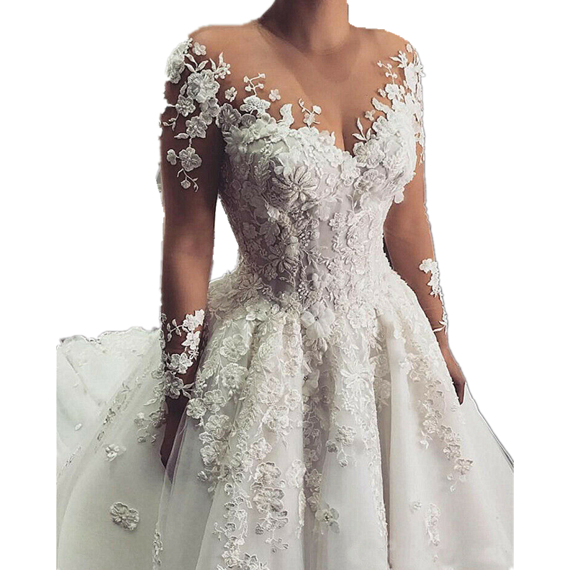 Romantic Floral Lace A Line Wedding Dress Sheer Long Sleeve Pearls Beaded Bridal Gowns Appliques Elegant Bride Ivory Tulle Country Wedding Dresses Rob
