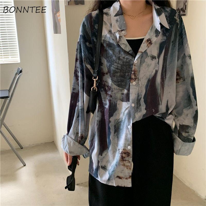 

Women' Blouses & Shirts Ink Wash Women Elegant Chinese Style Vintage Loose Leisure All-match Spring Autumn Female Top Baggy Streetwear, As shown