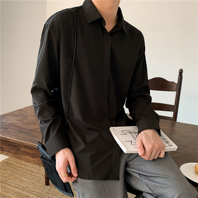 Korean Fashion Drape Shirts for Men Solid Color Long Sleeve Ice Silk Smart Casual Comfortable Button Up Shirt 220322