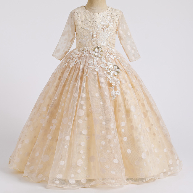 Adorable White Ball Gown Flower Girl Dresses Princess Sheer Long Sleeves Lace Appliques Jewel Neck Toddler Birthday Dot Party Gowns 403 B0313