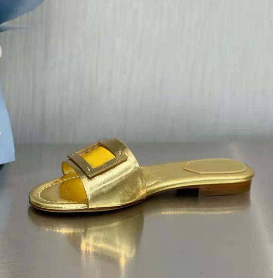 Women Designer slipper flats Baguette Wide Band Slides GOLD NAPPA LEATHERS SLIDE metallic leather walking shoes beach slide shoe slip-on 35-42