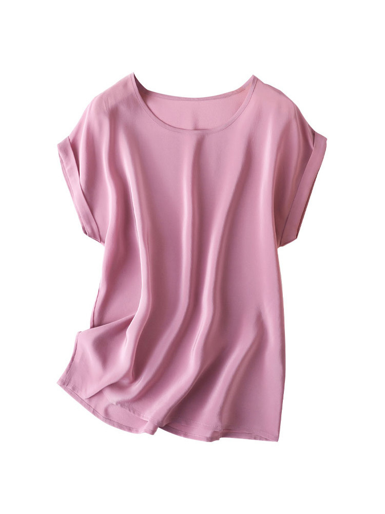 SuyaDream Woman Silk Tee 100%Real Bat Sleeved Solid Candy Colors O Neck T Shirt Summer Top 220328