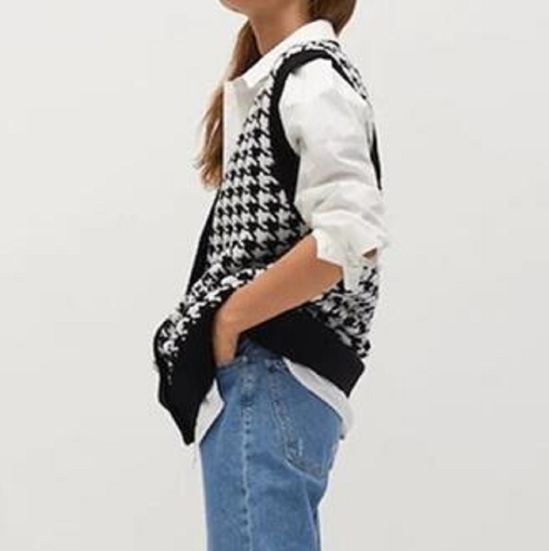 Wool Vest Cardigans Woman Autumn Winter Houndstooth Casual Black Sleeveless Sweater Women Loose Knitted Fashion Jumper 220325