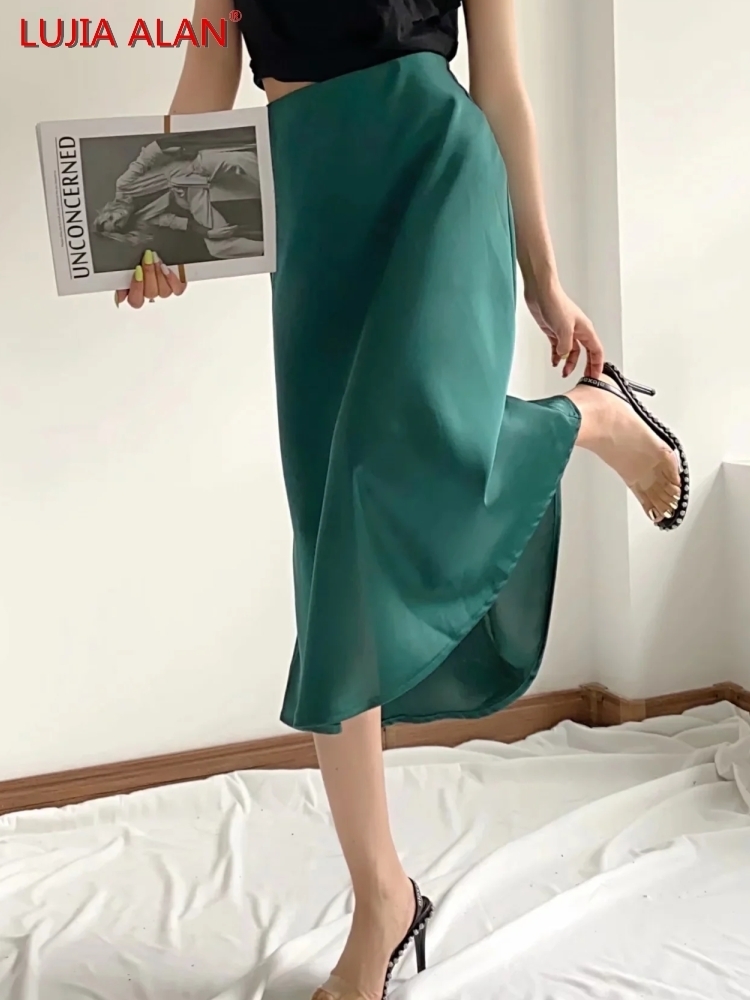 Sale Solid Satin Elastic Waist Women A-Line Skirt Summer Female Slim Falda Midi LUJIA ALAN P1596 220317