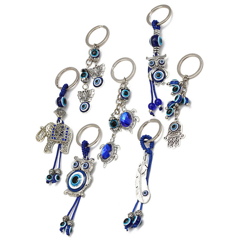Handmade Woved Animal Key Rings Feather Butterfly Evil Eyes Keychain Owl Elephant Key Chain Glass Turkish Blue Eye Pendant Hamsa Keychain