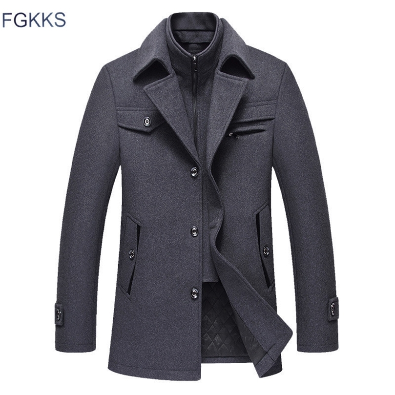 FGKKS Men Winter Wool Coat Men's Fashion Warm Thick Comfortable Wool Blends Woolen Pea Coat Male Trench Coat Overcoat 201128