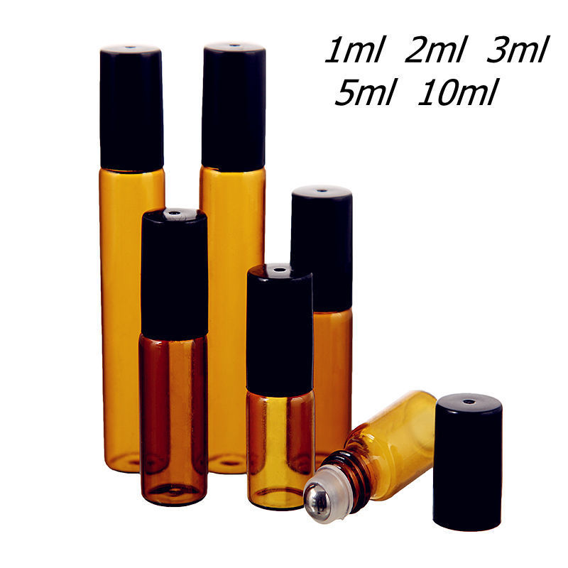 50pcs/lot 1ml 2ml 3ml 5ml 10ml Amber Thin Glass Roll on Bottle Sample Test Essential Oil Vials with Roller Metal /Glass Ball 220726
