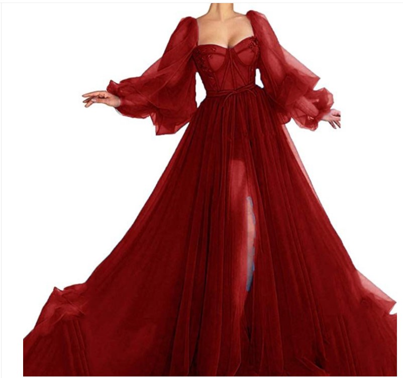 Custom Made Blue Prom Dresses Long Puffy Sleeve Tulle Backless Formal Evening Party Gowns Beauty Pageant Dresses