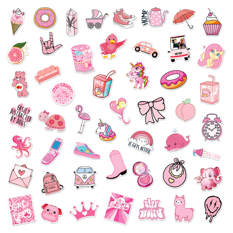 50 Piece Cartoon pink girl graffiti Children Sticker Phone Laptop Skateboard Car Stickers Pack for Luggage Guitar Helmet Water cup Sticker