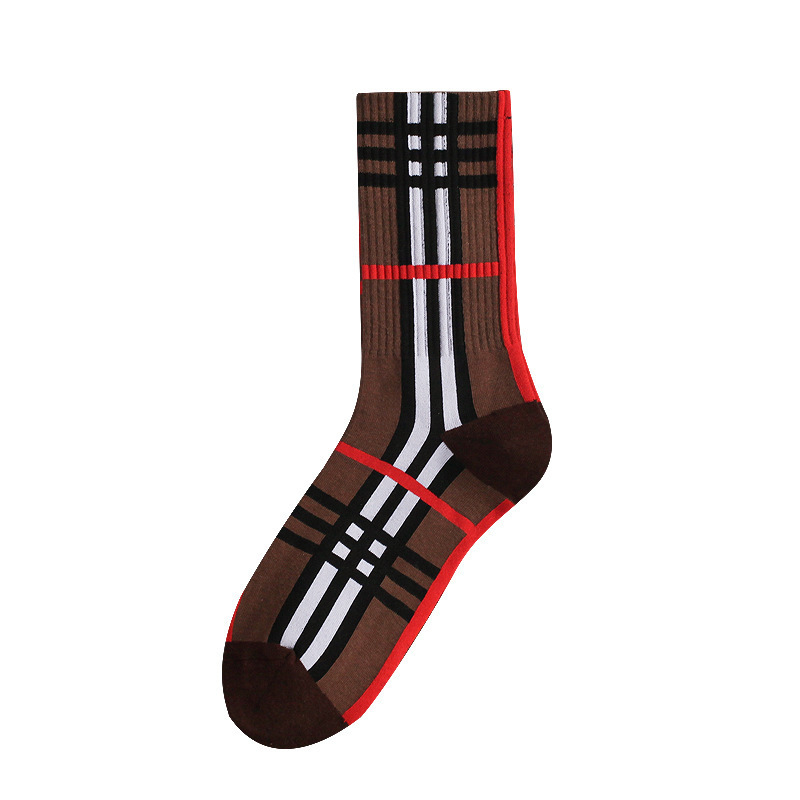 Trendy Plaid Socks Striped Brown Cotton Comfortable Socks Women Street Versatile Casual Sports Socks