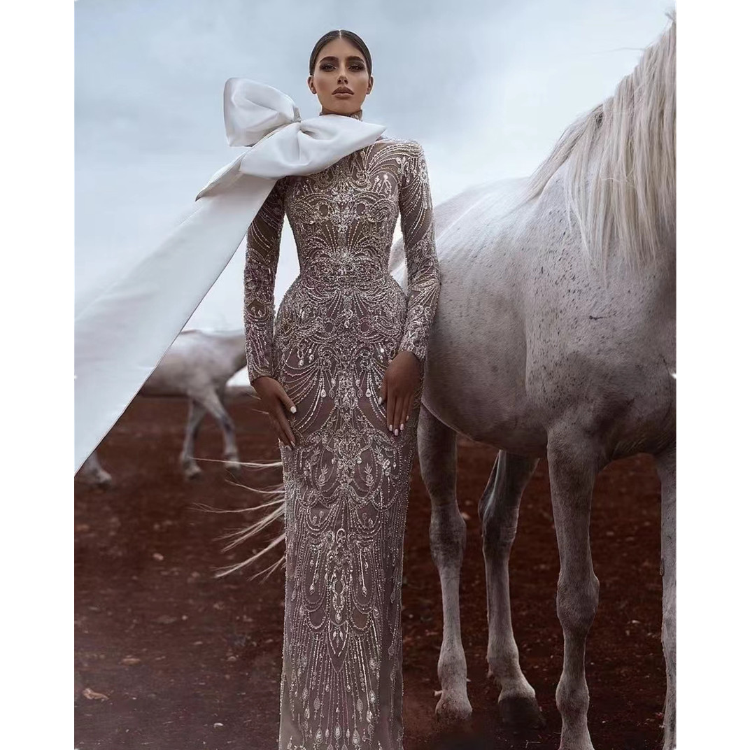 New Arrival Lace Appliques Mermaid Wedding Dress Sequins Beads With Bow Tie Long Sleeves or Length High Neck Sexy Slim Stylish Custom Made Bridal Robe