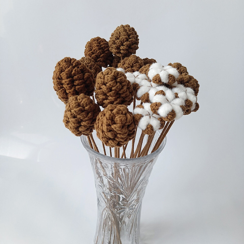 Handmade woolen knitted pine cone bouquet cotton bouquet Xuefeier five strands of finished simulation wool flower 5 pieces