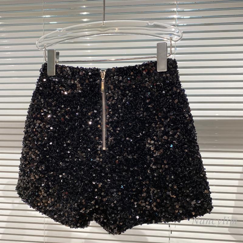 Whole Body Sequins Shorts Women Autumn Shiny Zipper Nightclub Short Femme Slim Fit Sliver Black 220415