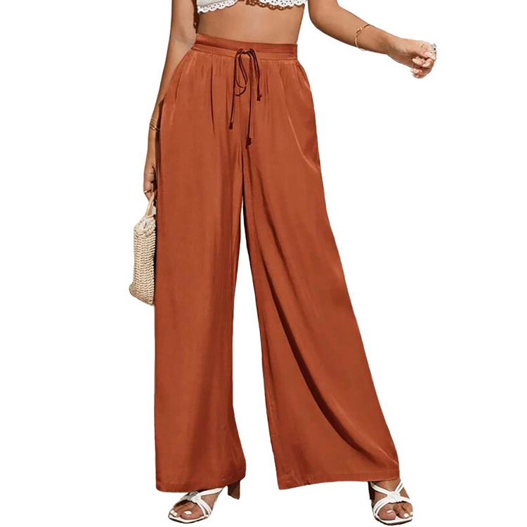 pants European and American summer new women's high waist casual trousers solid color elastic waist tie loose wide leg women