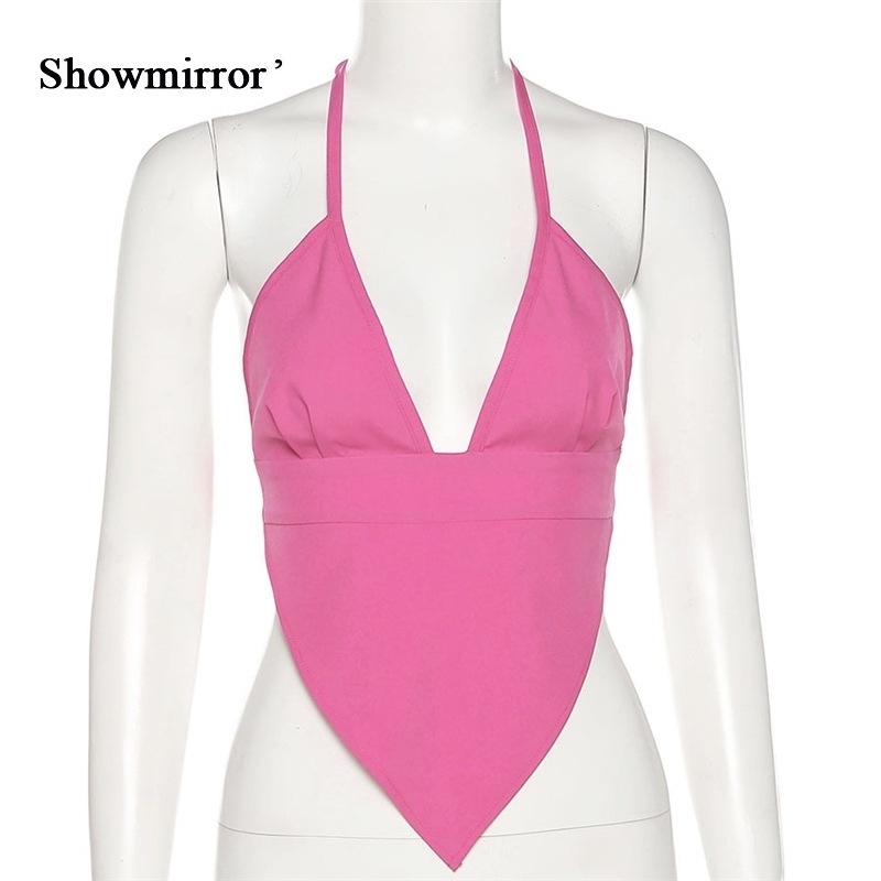 Showmirror Sexy V-Neck Halter Backless Bandage Rhombus Crop Tops For Women Summer Fashion Party Streetwear Gothic Clothes 220316
